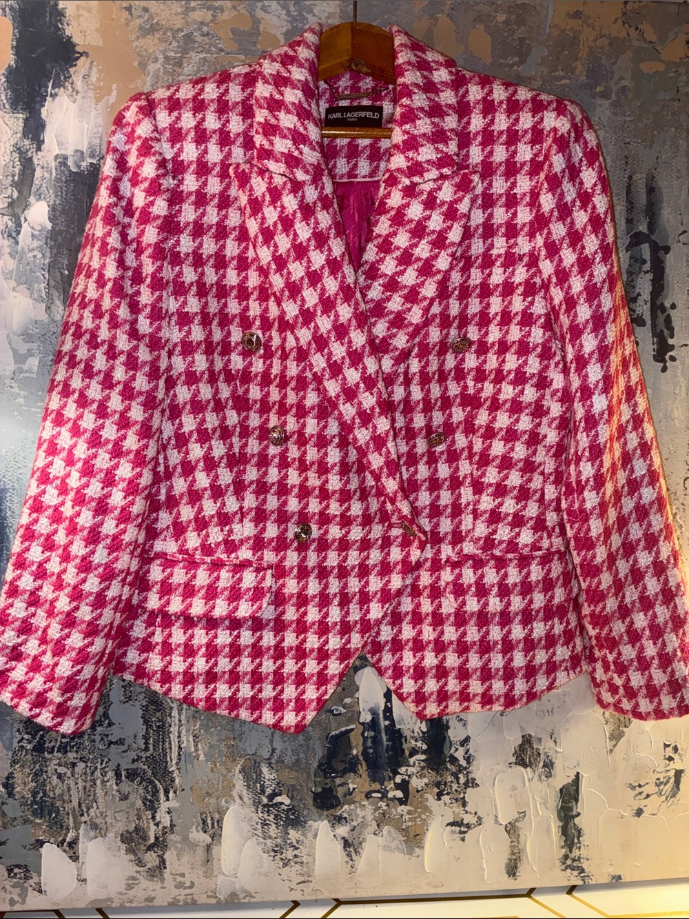 NWOT Karl Lagerfeld Pink & White Houndstooth Double-Breasted Blazer Size 6